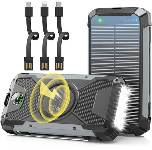 Chargeur solaire 38600 mAh, banque d'alimentation solaire sans fil portable avec 3 câbles intégrés, batterie externe étanche avec 4 sorties, 2 entrées USB C 15 W 5 V/3 A avec boussole lumineuse de