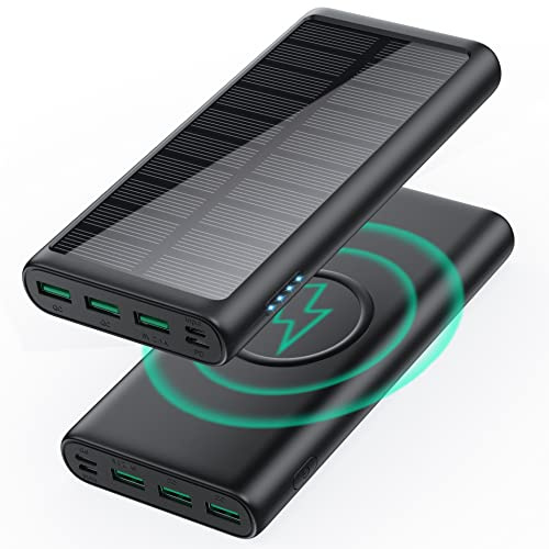 HETTP Power Bank Solare Wireless Caricatore Portatile Solare Wireless 5 in 1 QC4.0+25W PD3.0 30800mah Caricabatterie Solare Portatile Impermeabile IP65 Batteria Esterna per iPhone Samsung Huawei