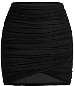 GORGLITTER Damen Figurbetonter Rock Elastischer Bund Minirock Bodycon Sommerrock Hohe Taille Röcke Enger Rock mit Rüschen Schwarz S
