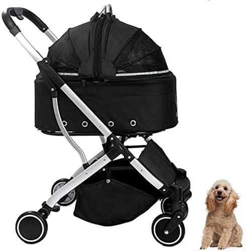 PJDDP 2-in-1-Hundewagen für kleine und mittelgroße Hunde, 4-Rad-Katzenwagen, Faltbarer Hundewagen mit Abnehmbarer Stubenwagen für Hunde- und Katzenwagen,Schwarz