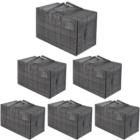 VENO 6er-Pack strapazierfähige große Aufbewahrungstasche mit Deckel, starke Griffe und Reißverschlüssen für Umzug, Kleideraufbewahrung, Hausbedarf, wasserabweisend (Schwarzes Fenstertuch, 6er-Pack)