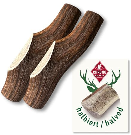ChronoBalance-L Corno di Cervo per Cani, Confezione da 2, Dimezzato, 100% Naturale, Osso di Cervo, Cura Dentale, Giocattolo per Cani, Senza Sostanze Chimiche, Lunga Durata