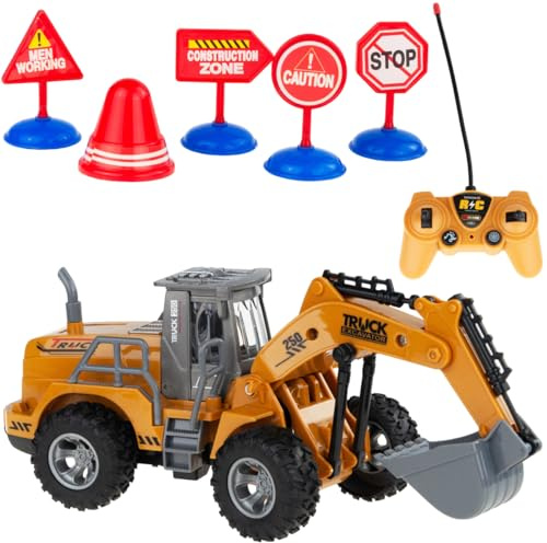 Martom RC Bagger mit Fernbedienung + Zeichen, ferngesteuertes Modell, Ferngesteuertes Modell, Ferngesteuerter Bagger für Kinder, mit Zubehör, Verkehrsschilder