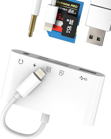 Lettore di Schede SD Adattatore USB(5 in 1) per Apple Lightning a 3.5mm per iPhone 14 Micro SD Card Reader Ricarica OTG 3.0 Cavo per iPad Fotocamera TF Memory Trasferire Adapter AUX Jack Audio Cuffie