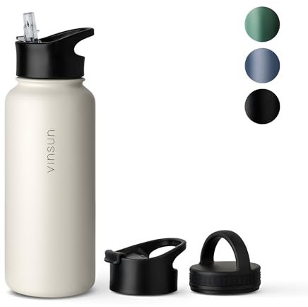 VINSUN Borraccia Termica 1 Litro - Bottiglia Acqua in Acciaio Inox con Cannuccia - Senza Perdite, Senza BPA, Riutilizzabile - Bottiglia Termica per Sport, Scuola e Palestra