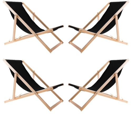 WOODOK Lot de 4 Chaises Longues Pliables en Bois – Transats de Jardin Extérieur en Hêtre, Confort Ergonomique, Réglables 3 Positions, Résistants aux Intempéries, Idéals Terrasse, Plage, Balcon