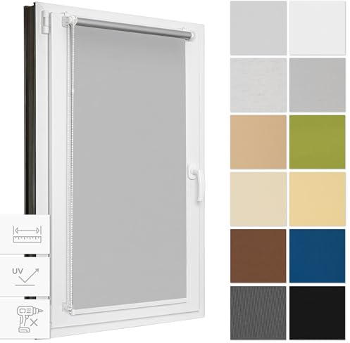 Estika Verdunklungsrollo ohne Bohren, Breite alle 1 cm - 90 cm x 120 cm - Grau - Thermorollo, Rollos für Fenster ohne Bohren, Sonnenschutz Fenster innen