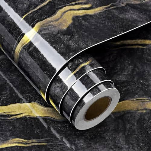 FunStick Film Marble Worktop Kitchen Black High Gloss Self-Adhesive Black Gold Wall Wallpaper