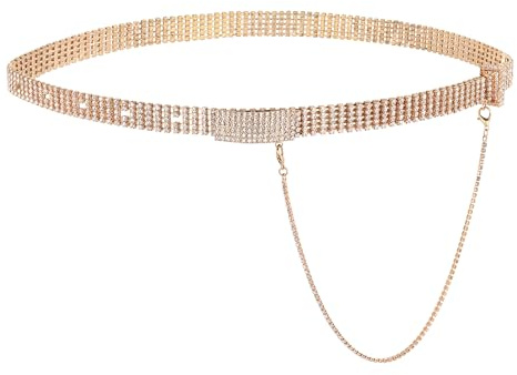 CHIC DIARY Damen Glitzer Strassgürtel Mode Glitzergürtel für Abendkleind | Strass Kettengürtel Silber/Gold Taillengürtel Kleidgürtel Dekorativer Gürtel Verstellbarer Rhinestone Belt 104CM