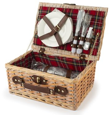 H&H, cestino picnic, set picnic per 2 persone, tartan, con piatti, set posate, bicchieri, apribottiglie, dimensioni 36x26x16 cm