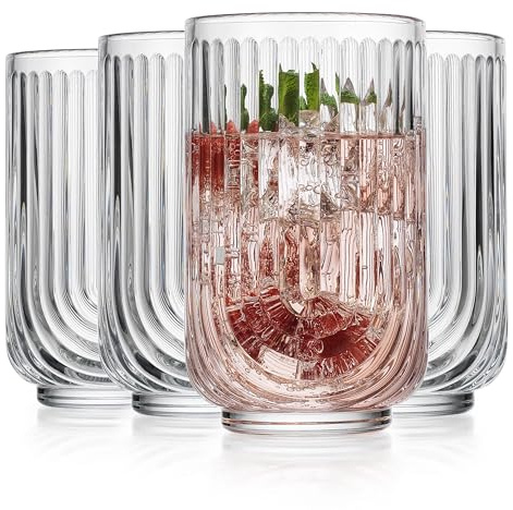 Glaver's Vintage Glassware Art Deco Glasse Ribbed Drinking Glasses U-Shape Arch Design Colored Cocktail Kitchen Tumblers Everyday Dinner Decorative Party (Clear S/4 17oz)
