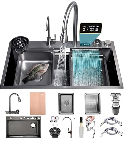 KOOGIMDDR 75×50cm cascata lavello cucina acciaio inox set, lavello cucina 1 vasca multifunzionale ampio con cascataterraneo rubinetto, nero moderno set di lavello da incasso