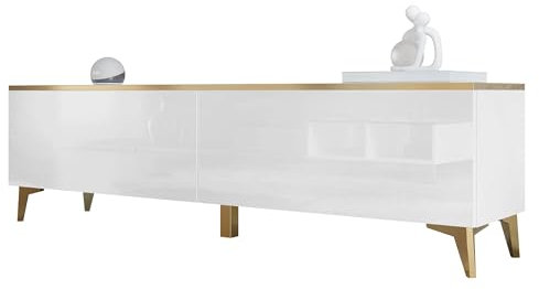 Mirjan24 TV-Lowboard Aioren 2D mit 2 Türen, Goldene Akzente, Push to Open, Fernsehschrank, Fernsehtisch, TV Schrank TV Bank (Weiß/Weiß Hochglanz + Gold)
