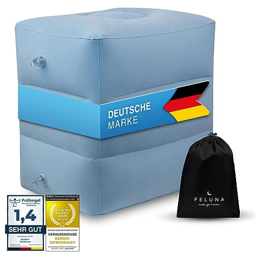 FELUNA® Fußstütze Flugzeug Blau, 42x38x45cm aufblasbares Kinderbett | Bequeme Sitzverlängerung für Kinder, 3 Kammern höhenverstellbar, weiches Velours, kompakte Fußablage für Auto, Zug & Reise