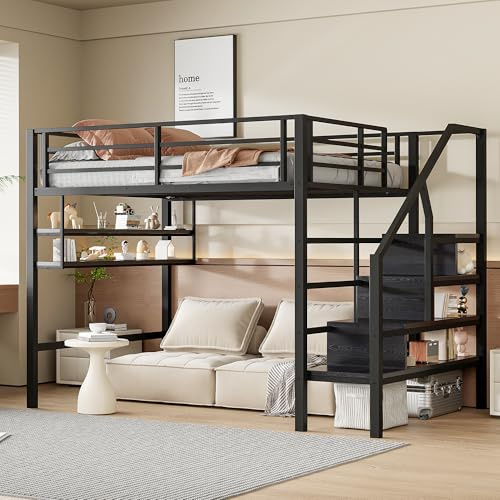 Dolamaní Hochbett 140x 200 cm mit Stauraum Sicherheit Treppe und Regal, Großer Raum unter dem Bett, ohne Matratze(Schwarz A)