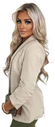 Divadames Womens Blazer Suit Open Front Casual Cardigan Ruched Sleeve Work Office Blazer Jacket with Pockets (UK, Numeric, 12, Regular, Regular, Beige)
