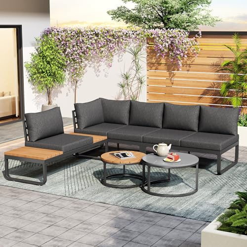 Merax Set di mobili da giardino per 5 persone, set di mobili da giardino con cuscino e tavolo da lavoro, per esterni, in ferro zincato e legno di plastica, resistente alle intemperie, per giardino,