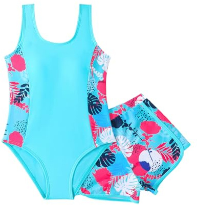 WYTbaby baddräkt flicka i ett stycke Uv badkläder ärmlöst badmode med shorts tropiskt tryck för flickor 7–14 år, blå, 11-12 år