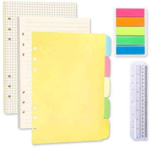 2 Packung A5 Nachfüllpapier, 6 Löcher 120 Blätter Papier Nachfüllbare Refill Papier, Ringbuch Nachfüllpapier Liniert und Trennblätter Haftnotizen Bunt Lineal für A5 Terminplaner Notizbuch Planer
