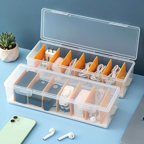 DAJAVE 3 Stück Kabel Organizer Box, Kabelbox Kunststoff Transparent, Kabel Organizer Es Gibt 7 Herausnehmbare Trennwände, Cable Organizer die Individuell Angepasst Werden Können, Kabelbox Weiß