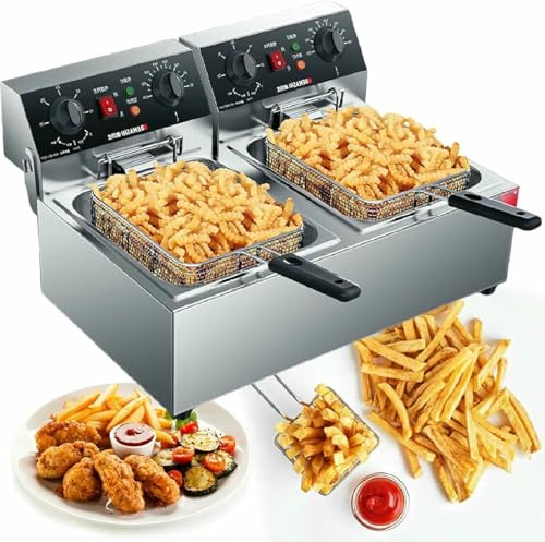 HOTAPEPU 3000W Dual Tank Commercial Fryle con Control De Temporizador Y Temperatura, Tanques De Aceite De Acero Inoxidable De 2x10l, Calefacción Rápida para Restaurantes, Fiestas ~/