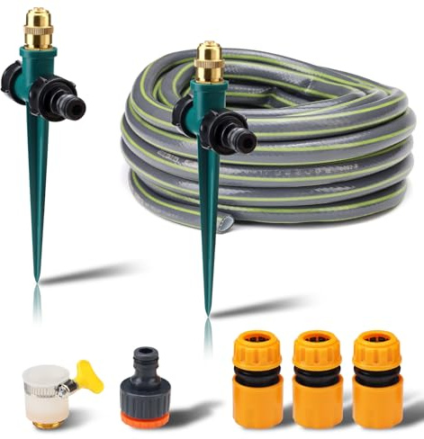 Fatiya Lot de 2 arroseurs en laiton pour cour avec base à pointes en plastique, avec tuyau et connecteurs, arroseur de jardin automatique réglable à 360 degrés, système d'arrosage hors sol pour