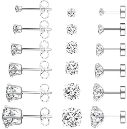 JEYORZY Lot de 12 paires de boucles d'oreilles en acier inoxydable hypoallergénique en acier avec diamant rond en zircone cubique, boucle d'oreille homme femmes en argent, pour Bijoux Piercing, 3-8mm