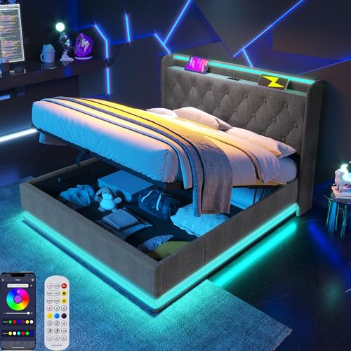 Qianguky Double Bed Frame 4ft6 with 360 Surround Led and Charging Function, Ottoman bed double with Hydraulic Large Storage Space, Upholstered Double Bed Frame 135x190cm With Linen Grey(No Mattress)