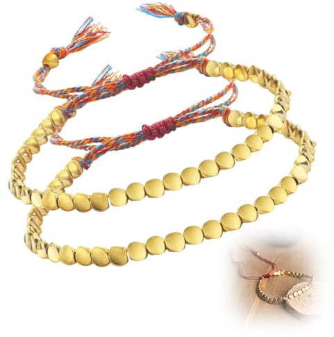 OUDQFCJ 2 pulseras tibetanas de cobre, estilo trenzado con diseño de tres lados, ajustables, hechas a mano, con cuentas de cobre y hilo, 16-26 cm, multicolor