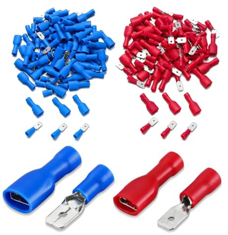 120 PCS Connettori rapidi femmina in vinile completamente isolati 6.3 x 0.8 mm, faston elettrici, rosso per 0.5-1.5 mm² (22-16 AWG), blu per 1.5-2.5 mm² (16-14 AWG)