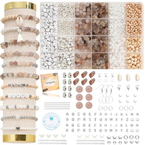 Leuyuee Silber Perlen für Armbänder Natürliche Amazonit Edelstein Perlen Set Zum Auffädeln Kit Perlenset Beads für DIY armbänder selber machen Schmuck Halskette Ohrringe Kette (CZ006-Hellviolett)