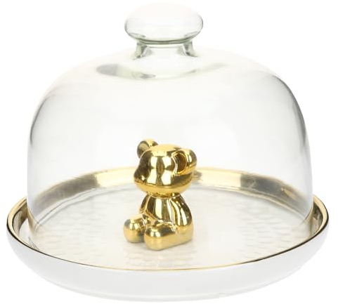Toyvian Plateau Gâteau Céramique avec Cloche Transparente Multi-fonction pour Présentation et Service de Desserts Snack ou Bijoux Design Simple et Pratique Petit Modèle avec Bord Doré