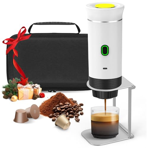 Umisu - Cafetera Portátil 3 en 1, Máquina de Café Expresso con Soporte y Bolsa, Batería Recargable de 7500mAh, Compatible con Cápsulas y Café Molido, Para Viaje, Camping, Coche, Oficina (Blanco)