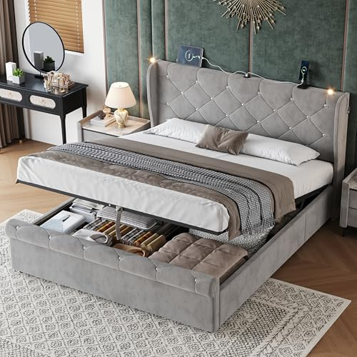 ModernLuxe Upholstered Double Bed Frame, 4FT6 Ottoman Bed with Hydraulic Storage, Diamond Tufted Headboard with Charging Station and Reading Light, USB & Type-C Ports, Velvet, Grey, 135x190cm