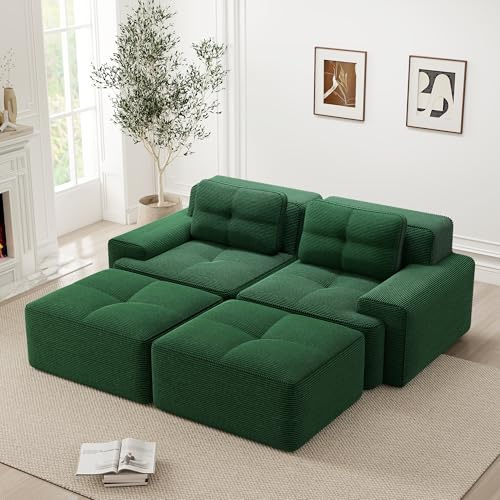 BLUON HOME Sofa,Sofas & couches,Cloud Couch,Cloud Modulsofa Boneless U-förmiges Sofa, bequemes Corduroy-Cloud-Sofa, Modulares Sofa mit Ottoman, Modulares Zweisitzer-Sofa (Green)