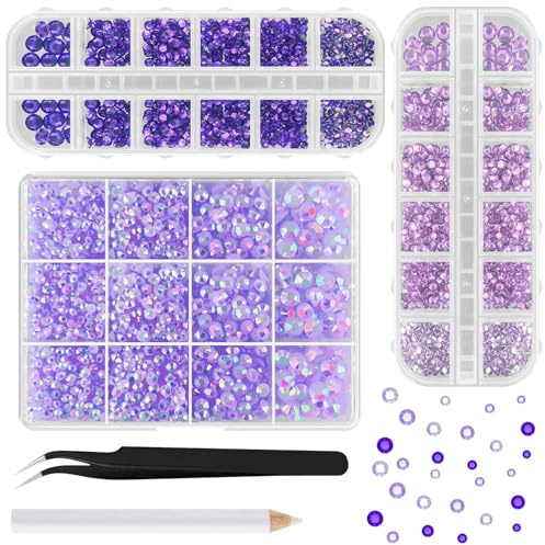 ASTARON Strass morados para manualidades, 12000 unidades de piedras preciosas de resina con dorso plano de 2 mm a 6 mm, diamantes deslumbrantes para decorar uñas, vasos y tazas