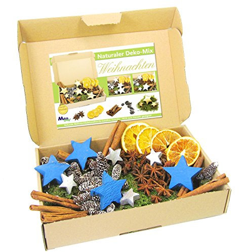 MGS SHOP Deko - Mix WEIHNACHTEN Bastelset kreative Idee Natur Dekoration mit Moos Anis Zimt Orangenscheibe Kokosstern (BLAU-SILBER)