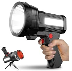 BIGSUN Q953 Rechargeable Spotlight,100000 High Lumen LED Flashlightv with COB Flood Light, Built-in 10,000 mAh Li-Ion Battery for Patrol, Working, Hunting, Red Lens and Tripod