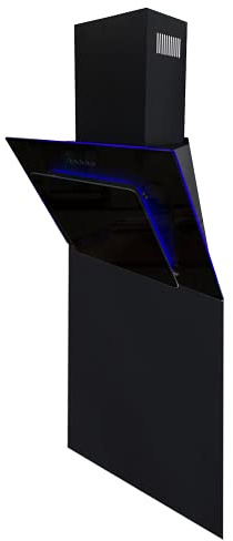 SIA AGE61BL 60cm Black Angled 3 Colour Edge Lit Kitchen Cooker Hood Chimney Extractor Fan & SP60BL Toughened Glass Splashback 60cm x 75cm