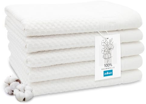 ZOLLNER 5er Set Duschtücher mit Waffelmuster - in weiß - 70x140 cm - Baumwolle - mit praktischem Aufhänger - waschbar bis 95°C - Hotelqualität - Oeko Tex® Zertifiziert