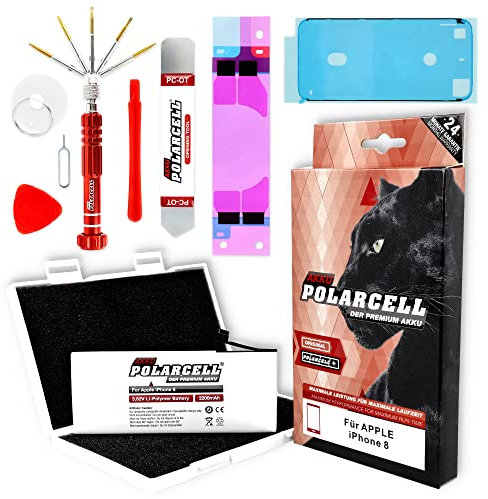 PolarCell Batteria per Apple iPhone 8 - 8G | set di attrezzi e colla per telaio in set professionale | 2200mAh | 20% di capacità in più rispetto alla batteria originale | A1905 A1863 | qualità A+