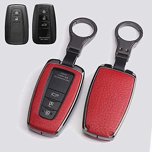 HIBEYO Autoschlüssel Hülle für Toyota Cover Leder Schutzhülle mit Schlüsselanhänger Schlüssel Etui für Toyota Corolla RAV4 CH-R Prius Yaris Schlüsselbund Fernbedienung Schlüsselbox-Schwarz Rot