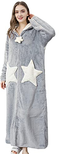 Sacebeleu Bademantel Damen Reißverschluss Parre Morgenmantel Flanell Lang mit Kapuze Nachtwäsche Flanell Grau Stern Hausmantel Herren Paar Set Weich Hausmantel Pulloverdecke Pyjama Unisex M