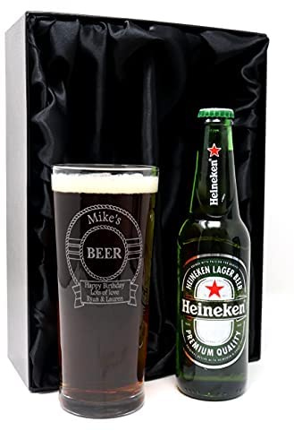 Regalo Personalised Pint Glass & Beer Design - Heineken Premium Lager Beer, Silk Lined Gift Box