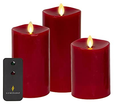 Luminara Flameless Flickering Melted Edge Set of 3 Candles, Battery Operated & Timer Function, Remote Included, Unscented Paraffin Burgundy Wax LED Light Pillar, Christmas Holiday Décor