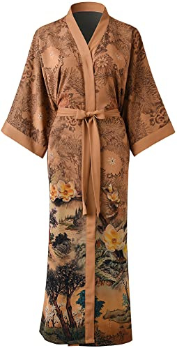 Ledamon Kimono lungo Robe - Accappatoio classico floreale camicia da notte, Champagne, taglia unica