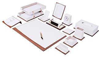 Lux Schreibtischzubehör aus Leder – Schreibtisch-Organizer aus Leder – Schreibtisch-Organizer für Männer aus Walnussholz-Kombination, 14 Stück (White)