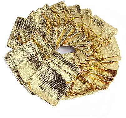 SKYPRO Lot de 50 sachets en organza avec cordon de serrage, pour bijoux, bonbons, cadeaux, fêtes de Noël, dragées (doré, 5 x 7 cm)