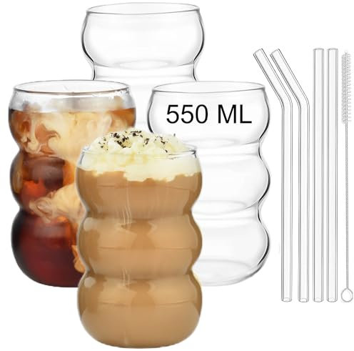 ALINK Bubble Gläs - Set di 4 bicchieri da 550 ml, a coste, per latte macchiato, bicchieri da caffè freddo, bicchieri da cocktail