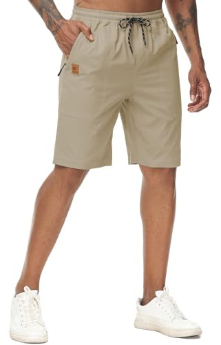 YuKaiChen Men's Shorts Classic Fit Twill Summers Casual Shorts with Zip Pockets Size 36 Khaki